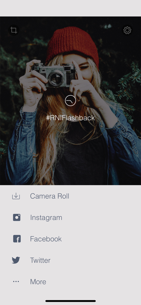 The export and sharing menu of the RNI Flashback photo editing app.
