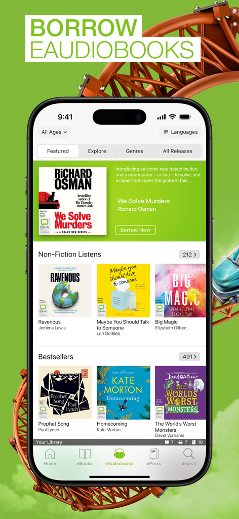 BorrowBox app interface showing available eAudiobooks with categories like Non-Fiction and Bestsellers.