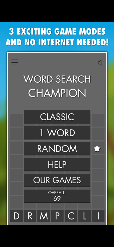 Word Search Champion PRO - Word Search Champion PRO game menu displaying different play modes.