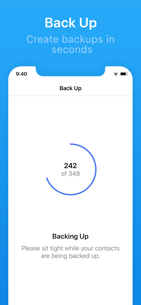 Mobile app interface showing a circular progress bar during a contact backup process.