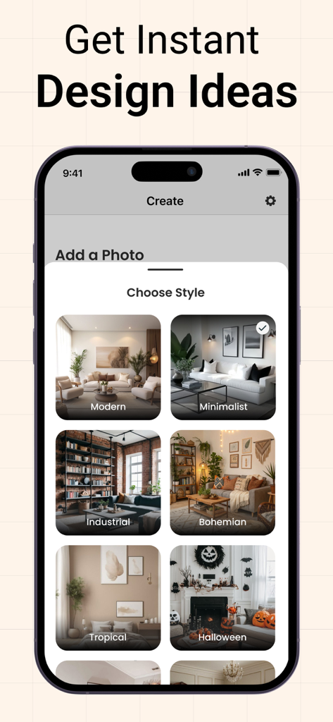 Un écran de l'application Planificateur de pièces montrant une sélection de styles de design d'intérieur incluant le Minimaliste Moderne Industriel et le Bohème