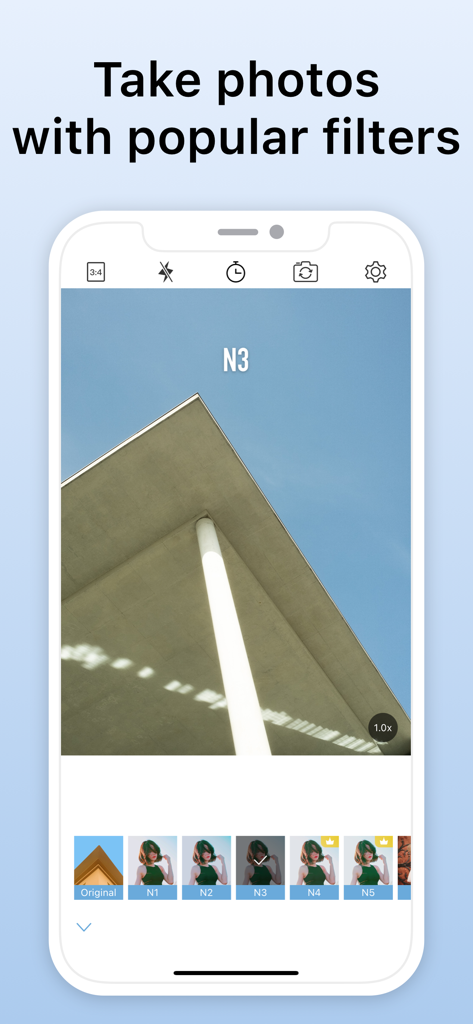 SkyCamera mobile app interface showing a selection of aesthetic photo filters being applied to an architecture photo.