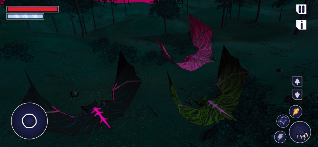 Vampire Flying Bat Simulator - ゲームのコントロールがある暗い森で夜に休んでいる3匹のカラフルなヴァンパイアコウモリ。