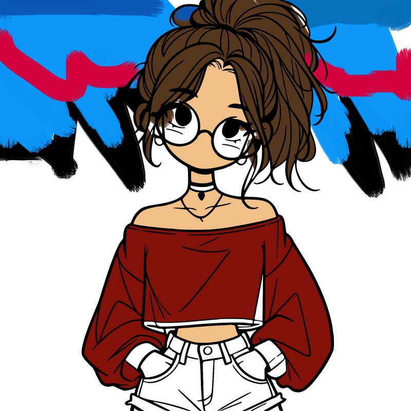 girl with a messy ponytail glasses a baggy crop top and jean shorts