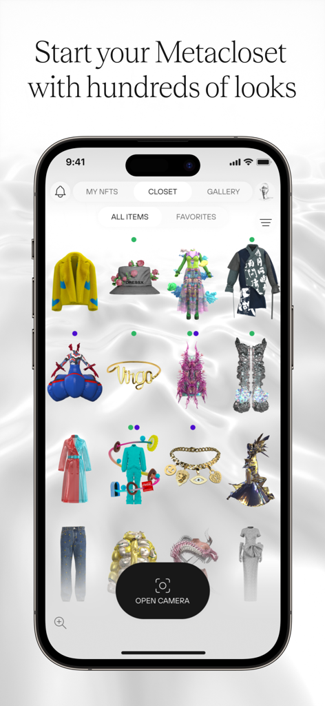 DRESSX mobile app interface displaying a digital closet with a variety of futuristic 3D fashion outfits and accessories.