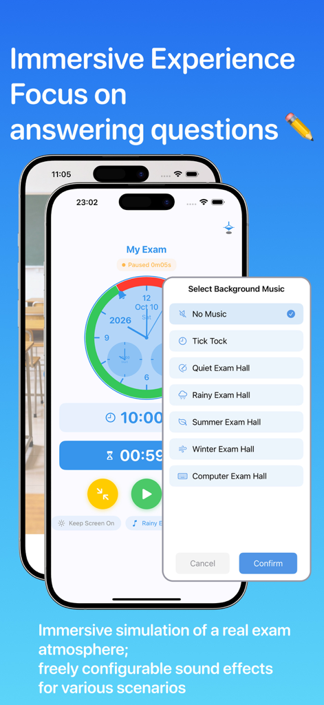 Mock Timer Pro - Future Now - 모의고사 타이머 프로 앱 인터페이스, 몰입형 시험 시뮬레이션을 위한 배경 소리 옵션 표시