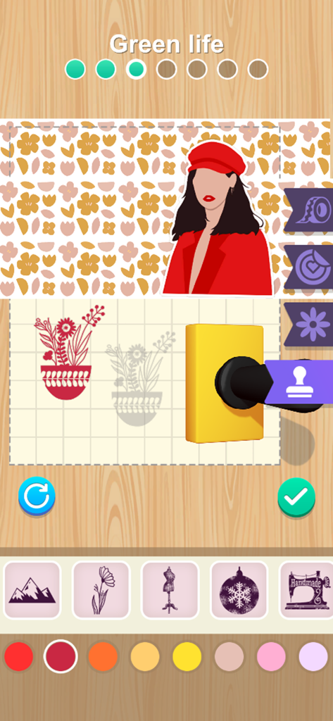 DIY Mini Journals - A mobile game interface showing a digital journal being decorated with a stamp tool and floral patterns