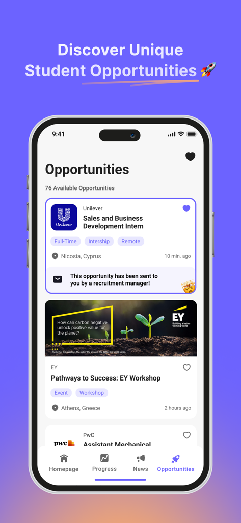 UniStudents app screen displaying available internships and career workshops for university students