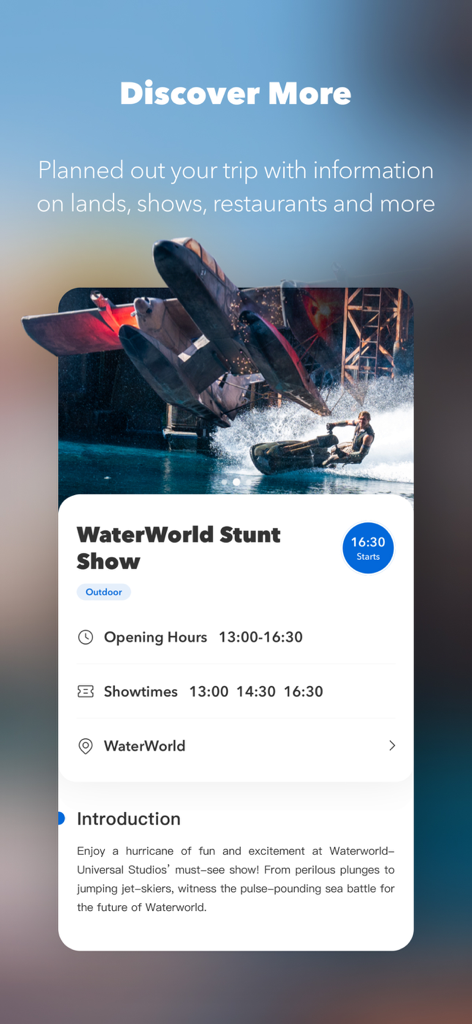 Interface de l'application Universal Beijing Resort montrant les horaires et les détails du spectacle de cascade WaterWorld.