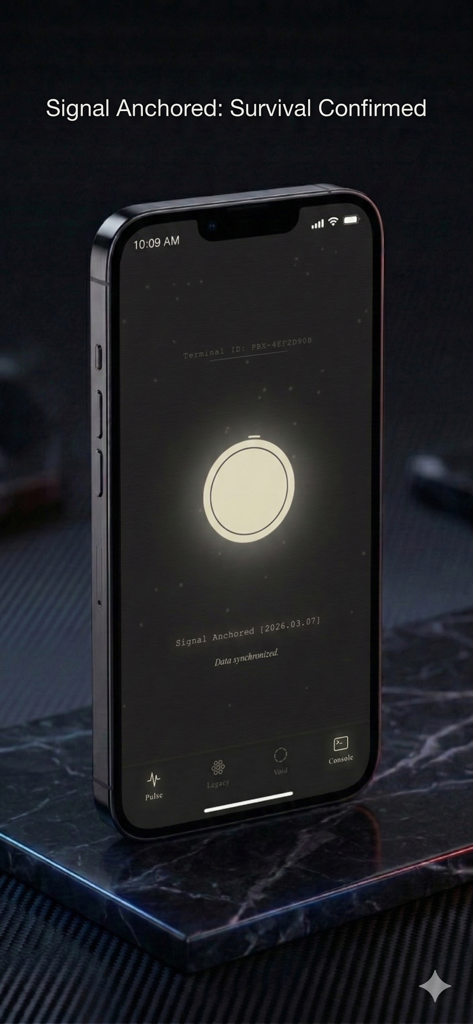Interfaz de la aplicación Parabox Digital Legacy mostrando una confirmación de supervivencia de señal anclada en una pantalla de iPhone.
