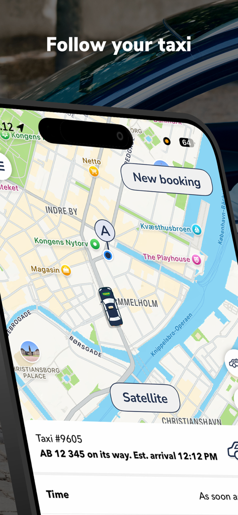 TAXA 4x35 - Easy taxi booking - TAXA 4x35 app interface showing real-time GPS tracking of a taxi on a map of Copenhagen.