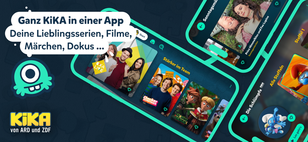 Oberfläche der KiKA-Mobil-App mit einer Vielzahl von deutschen Kindersendungen und Dokumentationen