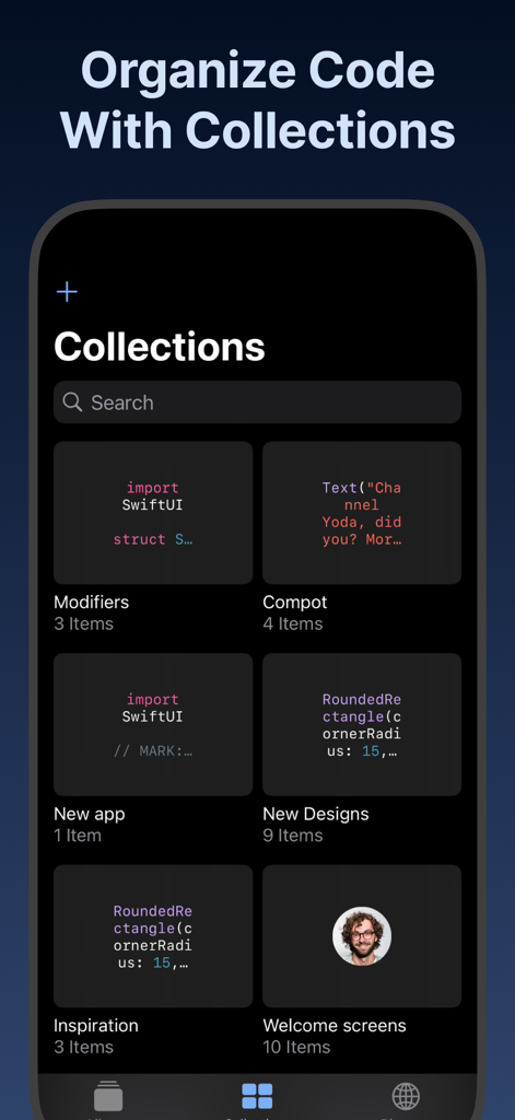 Compot: SwiftUI with AI - Compot app interface showing organized SwiftUI code snippet collections