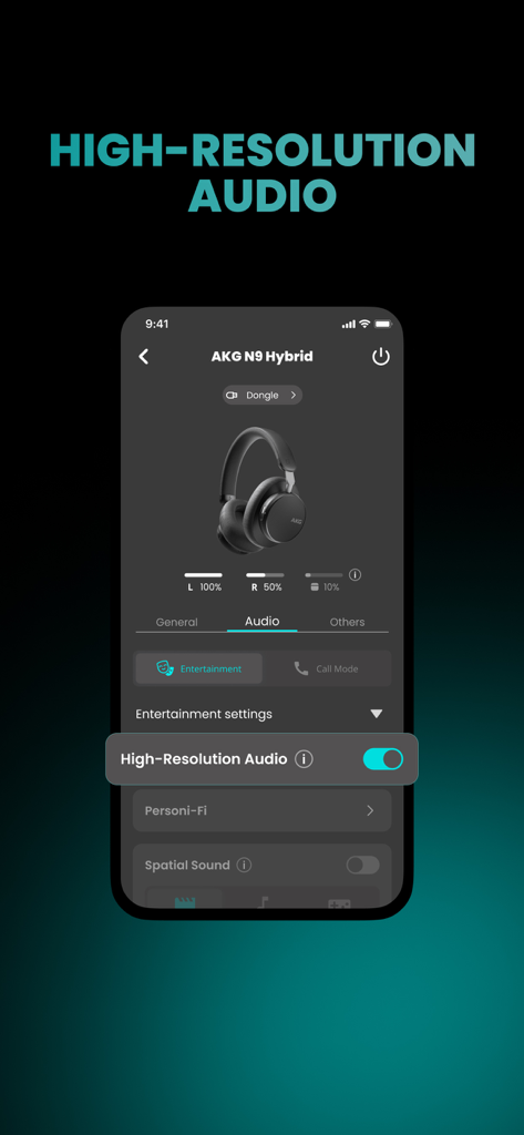 Screenshot of the AKG Headphones app interface highlighting the high resolution audio toggle and settings