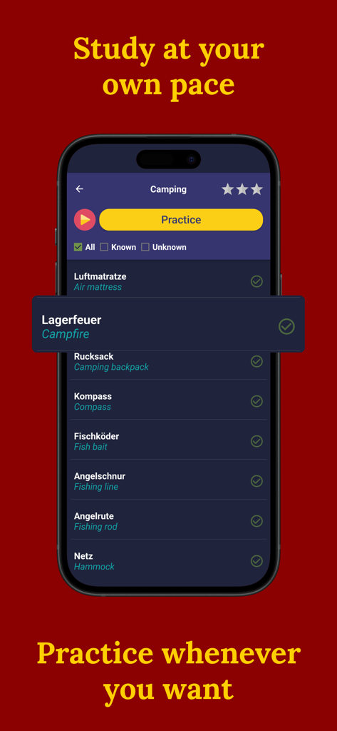Learn German (Beginners) - Interfaz de la aplicación Aprende Alemán Principiantes mostrando vocabulario de camping y opciones de práctica