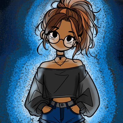 girl with a messy ponytail glasses a baggy crop top and jean shorts