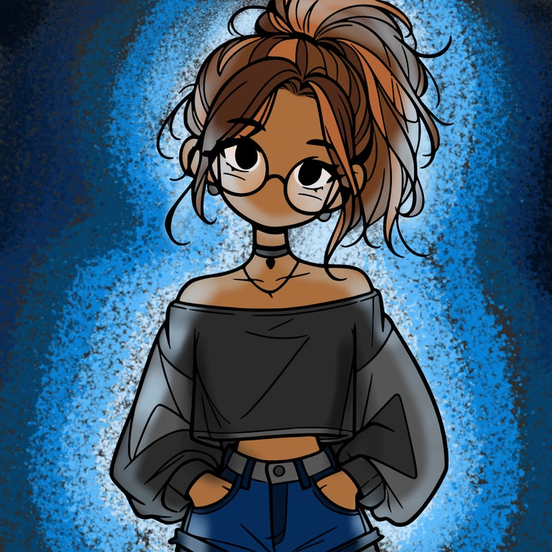 girl with a messy ponytail glasses a baggy crop top and jean shorts