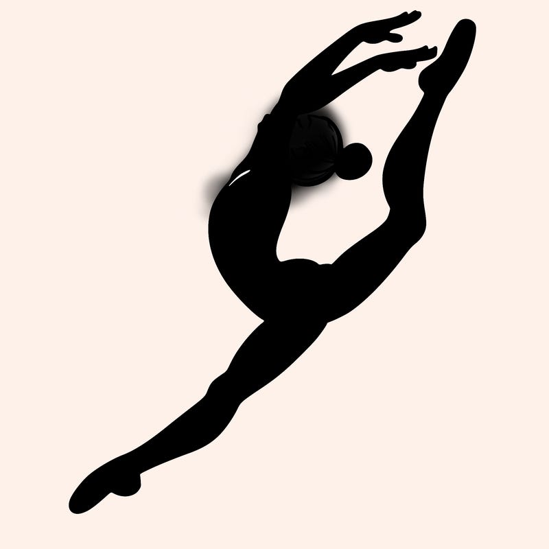 gymnast doing a leap in a leotard with a bent back leg