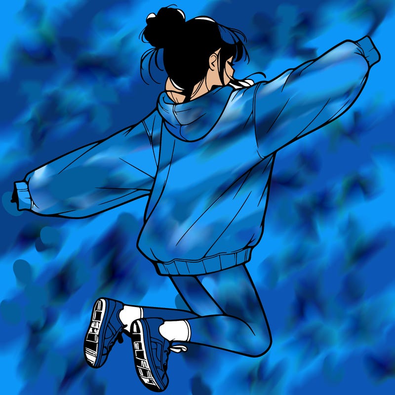 realistic girl jumping with a bun and oversized sweatshirt