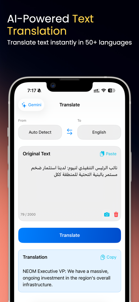 AI Translator - Transvia - Transvia app interface showing AI text translation from Arabic to English on iPhone.