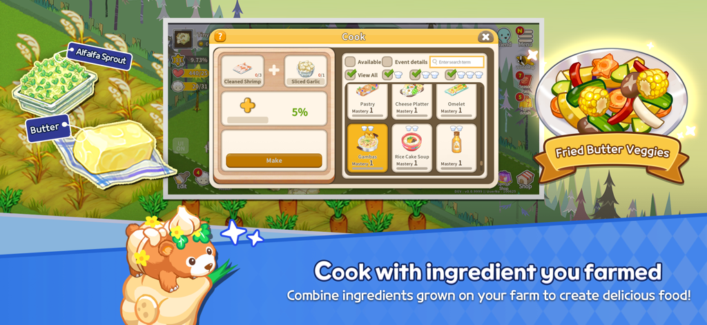 Interface for cooking dishes like fried butter veggies using farmed ingredients in Tiny Farm Remastered