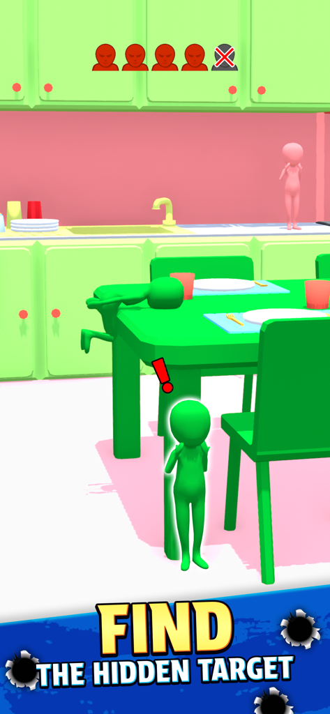 Camo Sniper - Camo Sniper gameplay showing a green character hidden behind a table in a stylized kitchen environment.
