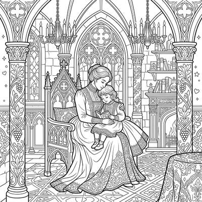 Delve into a captivating Gothic scene featuring a parent and child sharing a tender moment of reading. This intricately detailed Victorian-era illustration is perfect for those who appreciate historical charm and mysterious aesthetics.