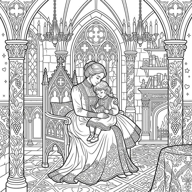 Delve into a captivating Gothic scene featuring a parent and child sharing a tender moment of reading. This intricately detailed Victorian-era illustration is perfect for those who appreciate historical charm and mysterious aesthetics.