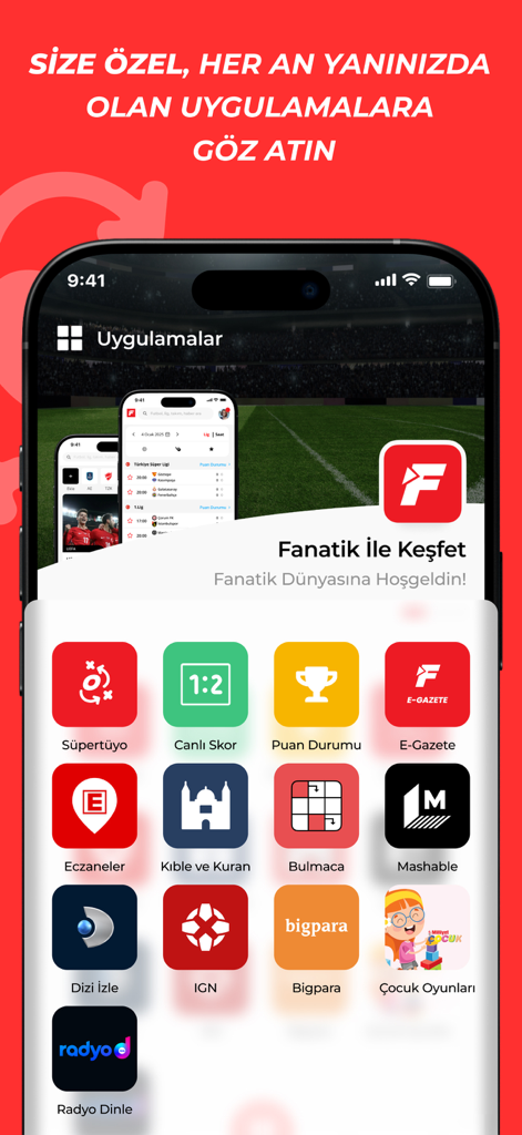Fanatik: Breaking Sport News - Fanatik mobile App-Oberfläche, die ein Raster verschiedener integrierter Dienste zeigt, darunter Sportergebnisse, religiöse Tools und Unterhaltung