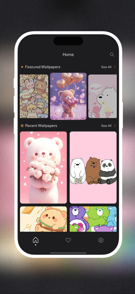 Cute Bear Wallpaper HD - App home screen of Cute Bear Wallpaper HD showing a collection of aesthetic bear backgrounds.