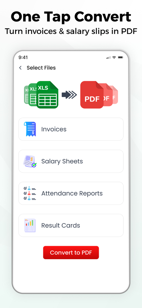 Interface do aplicativo móvel mostrando opções para converter faturas e folhas salariais de Excel para PDF com um botão de conversão de um toque
