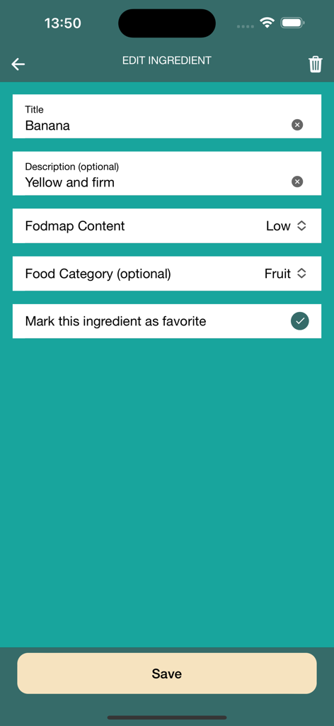 La pantalla de edición de ingredientes para un plátano que muestra su bajo contenido de FODMAP y su categoría de fruta