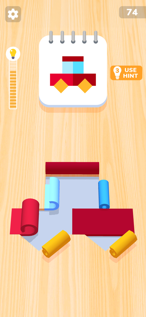 Color Roll 3D: Puzzle Art Game - Color Roll 3Dパズルゲームプレイ、木製の背景にカラフルなレイヤーを巻き戻して車のパズルを解決している様子