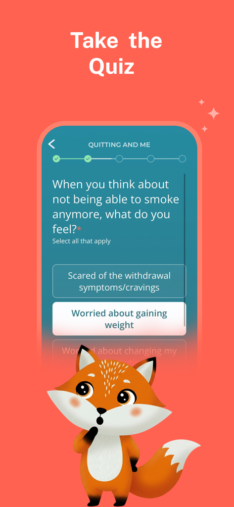 QuitSure app quiz interface showing a question about fears related to quitting smoking with a cute fox mascot at the bottom.