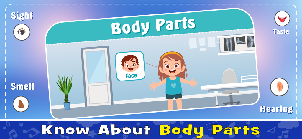 Baby Games: Learning English - Pantalla de juego educativo para que los niños aprendan vocabulario en inglés sobre las partes del cuerpo y los cinco sentidos.