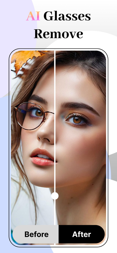 Eye Color Changer -Enhance Eye - Before and after comparison of the AI glasses removal feature on a portrait