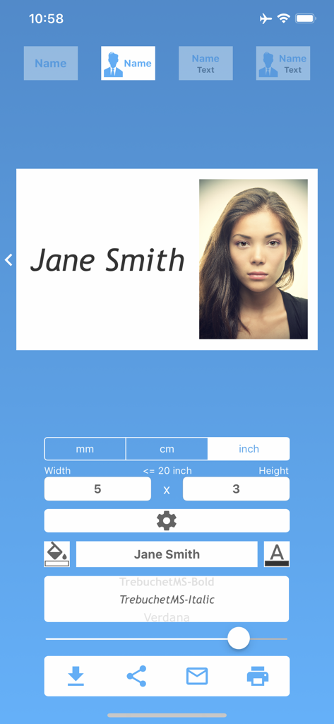 Custom name badge creation interface with photo and dimension settings.
