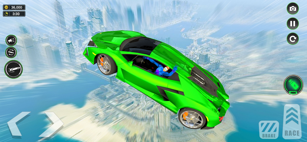 StormRide: Car Stunt Race Game - Green sports car performing a mid-air stunt over a city in StormRide game