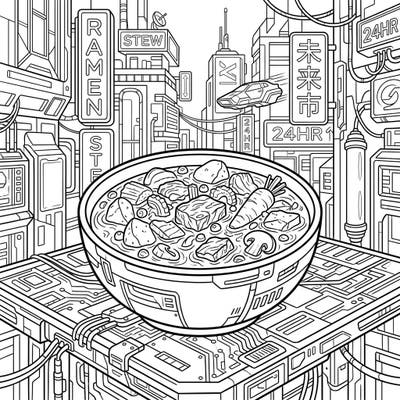 Dive into a truly unique coloring experience with this Cyberpunk Beef Stew design. This intricate page blends hearty comfort food with a high-tech, neon-drenched futuristic cityscape, offering a thrilling artistic challenge.
