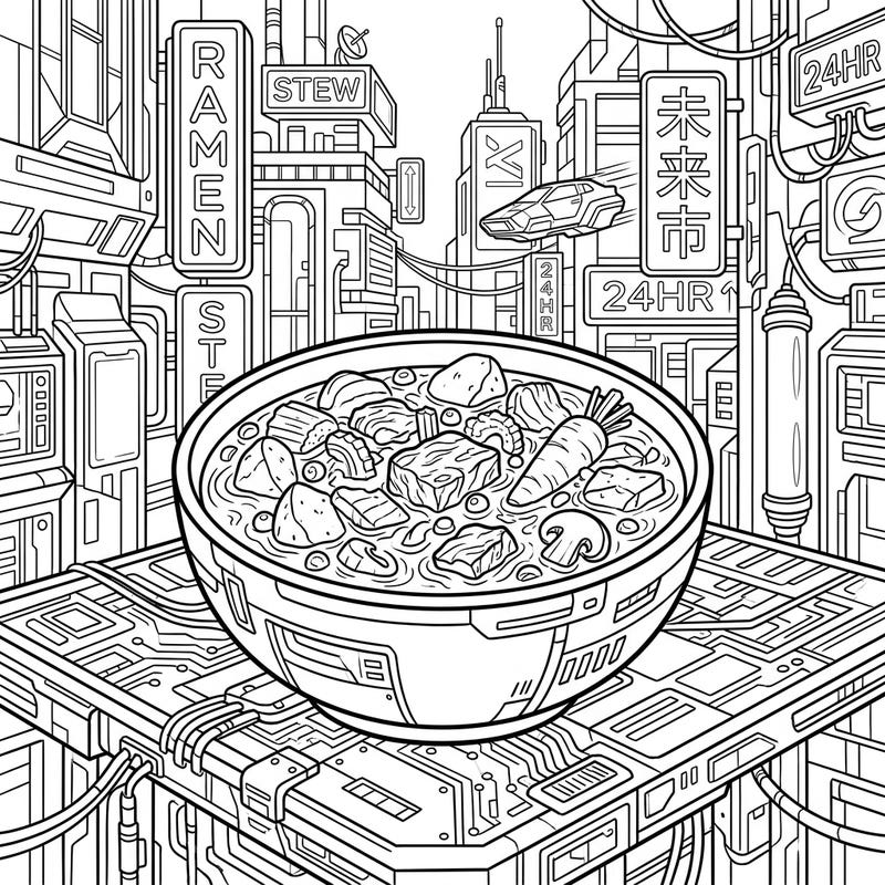Dive into a truly unique coloring experience with this Cyberpunk Beef Stew design. This intricate page blends hearty comfort food with a high-tech, neon-drenched futuristic cityscape, offering a thrilling artistic challenge.