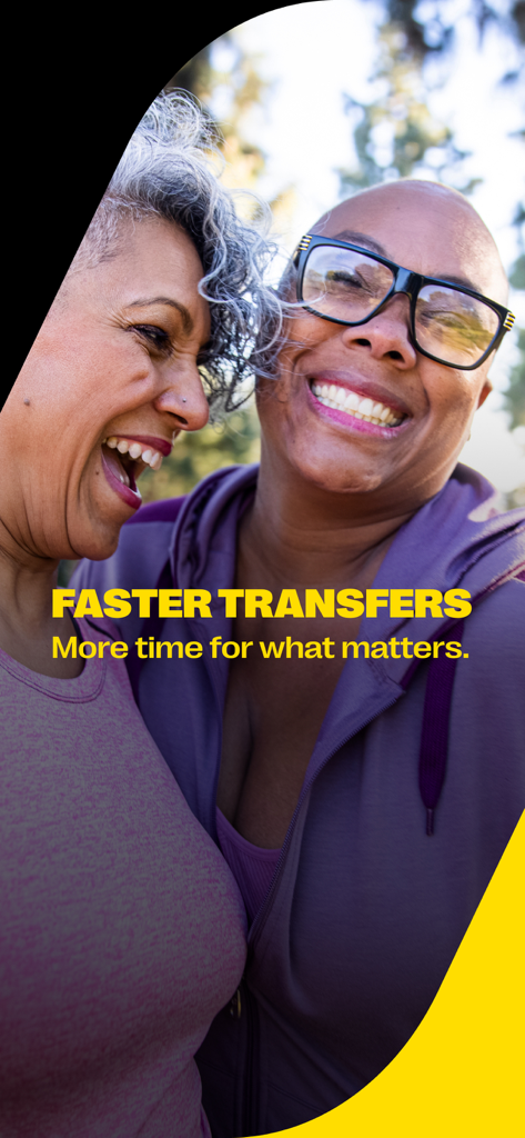 Western Union: Send Money - Two women laughing together with text promoting fast money transfers for what matters most