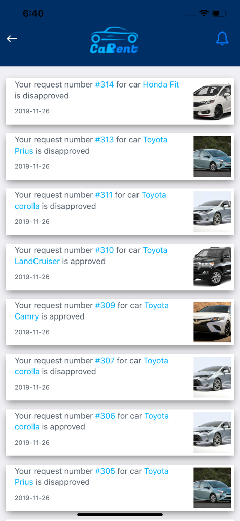 CarRent KW 앱 화면, 차량 렌탈 요청 목록 및 승인 상태 표시