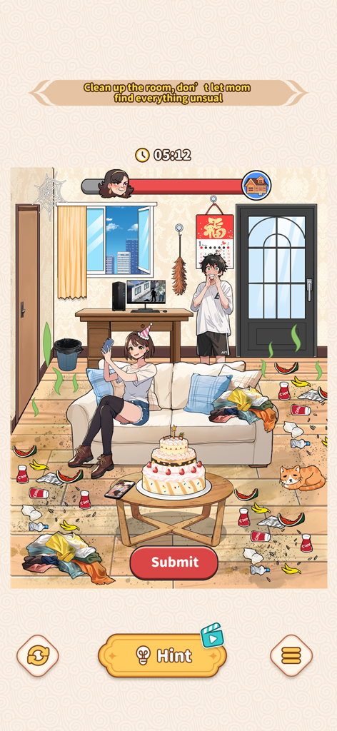 A messy room puzzle level in the Brain Puzzle Tricky Quest game where players must clean up before mom arrives.