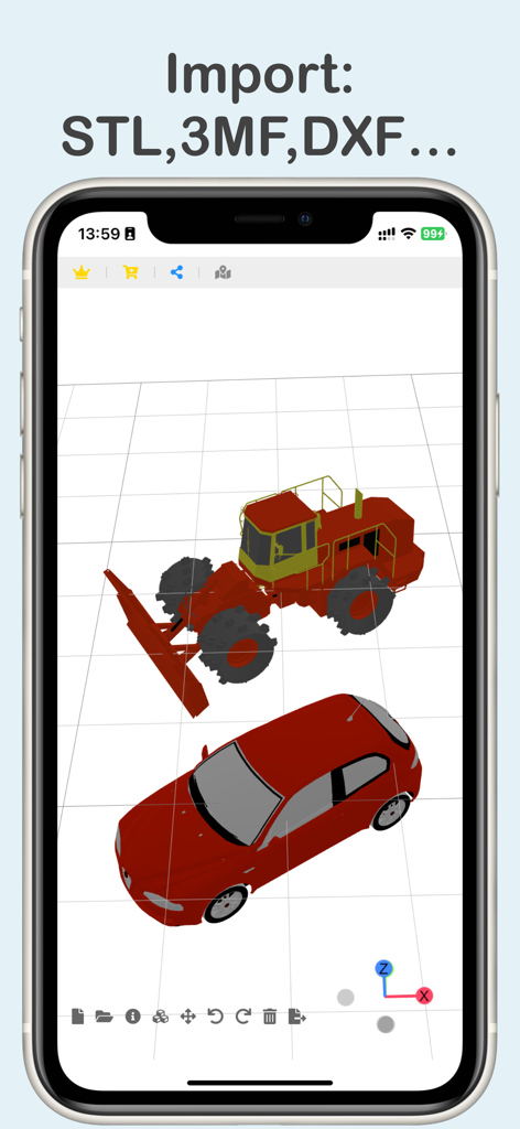 3D Model Viewer & Converter - A mobile phone displaying a 3D model viewer app with a car and construction vehicle in a 3D space