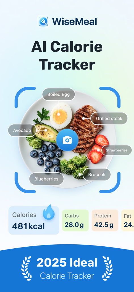 WiseMeal: Al Calorie Tracker - Interfaz de la aplicación WiseMeal mostrando el reconocimiento de alimentos por IA con recuentos de calorías y macronutrientes para un plato de bistec y verduras