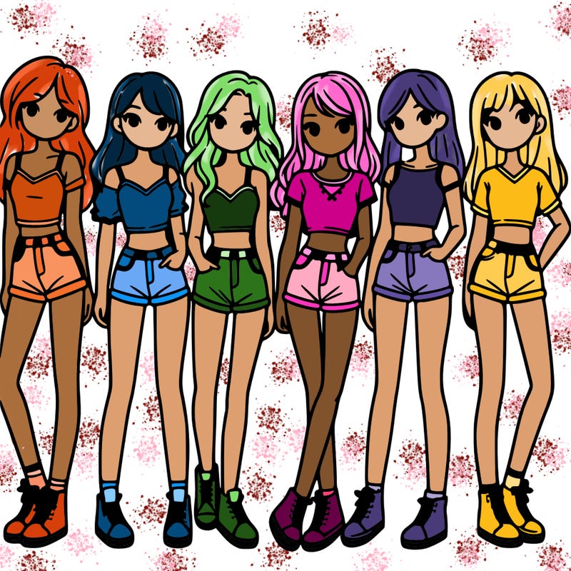 a group of girls wearing crop tops and shorts