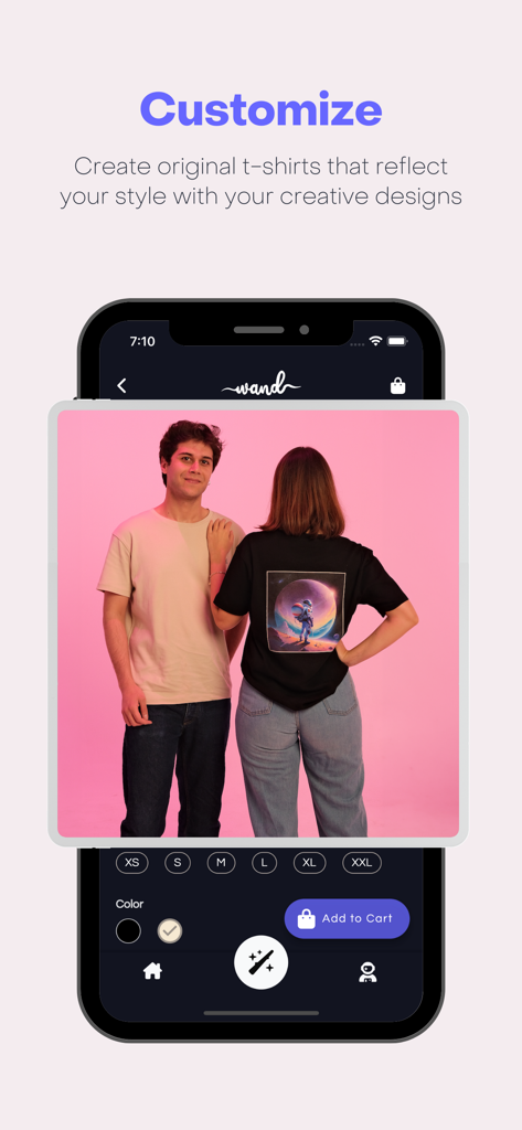 Wand AI Magical Art Generator - A mobile app interface showing a custom t-shirt design featuring AI-generated art of an astronaut.