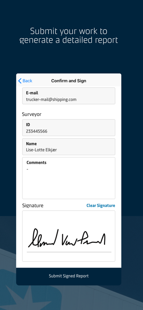 eEIR app screen showing a form for surveyor details and a digital signature area to submit a report.