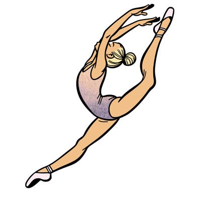gymnast doing a leap in a leotard with a bent back leg