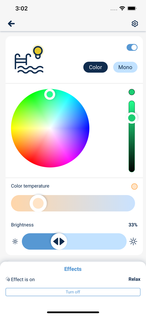 wBox by blebox.eu - wBox mobile app interface showing color wheel and brightness controls for pool lighting